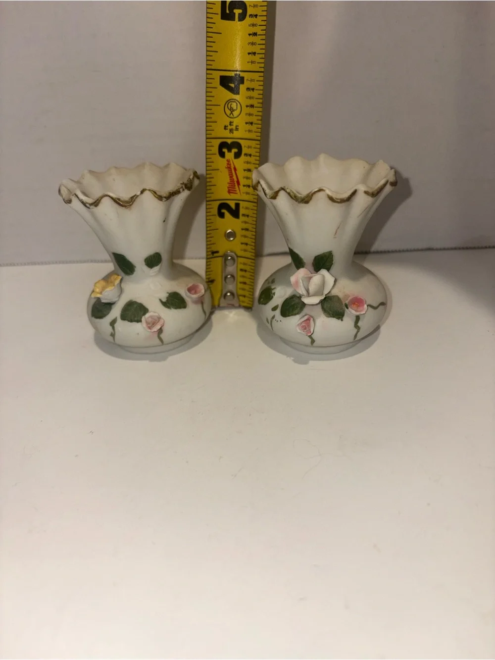 Vintage Tai White Porcelain Floral Bud Vases with Pink and Yellow Roses